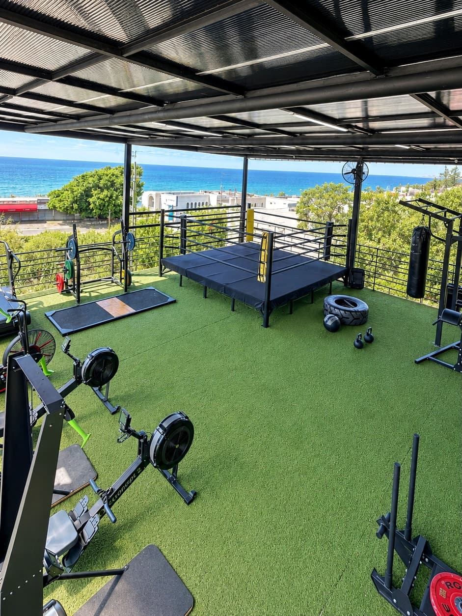 Gymmagic's outdoor area with the new boxing ring on the terrace